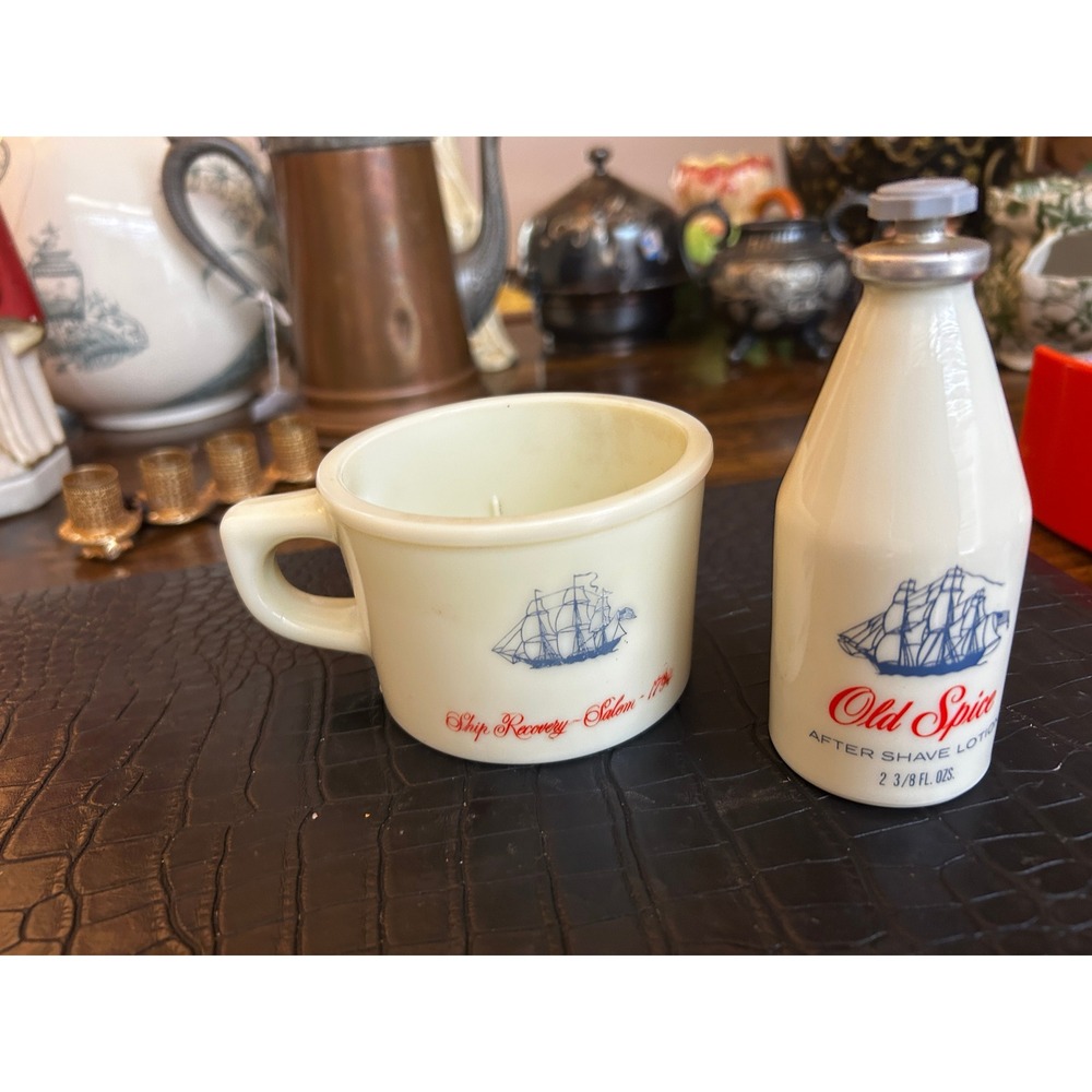 Vintage Old Spice Milk Glass Shaving Mug Ship Recovery Salem 1794 & Bottle Set